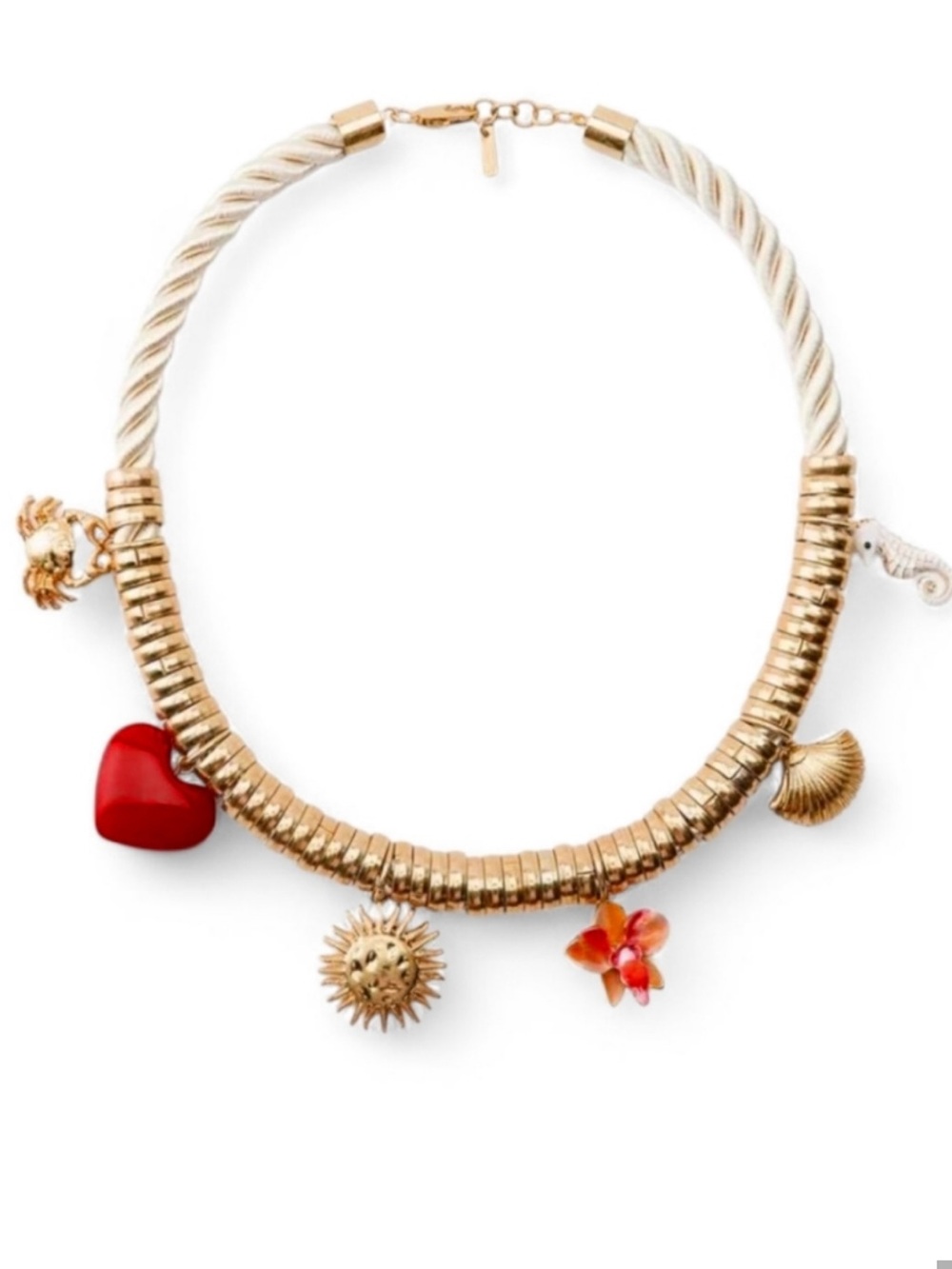 Zara Gold Charm Necklace with Red Heart and Coral Flower